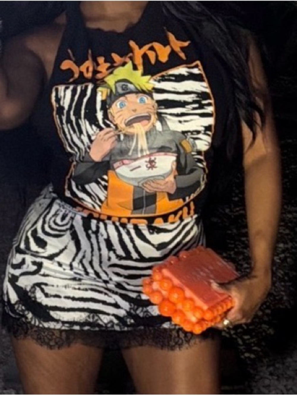 (ENTIRE OUTFIT4SALE) Naruto Graphic Zebra Lace Hem Dress - Black, White & Orange